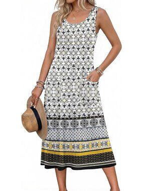 Women Bohemian Crewneck Midi Summer Sleeveless Tank Dress Beach Casual Sundress